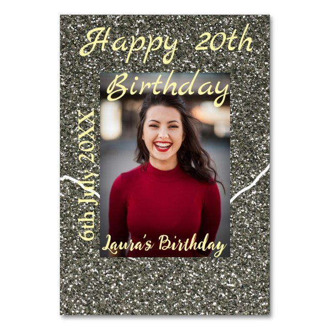 Silverglitter Foto 20. Geburtstag Namensdatum hinz Tischnummer (Vorderseite)