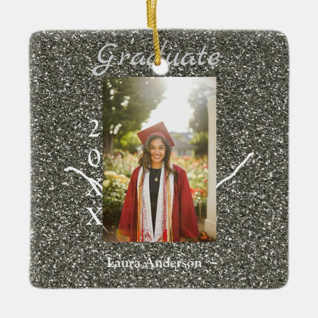 Silverglitter Foto Abschluss hinzufügen Namensklas Keramikornament (Vorderseite)