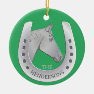 Silvery Horse and Horseshoe Emblem Red Keramik Ornament