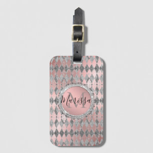 Silvery Pink Glittery Harlequin Monogram Gepäckanhänger