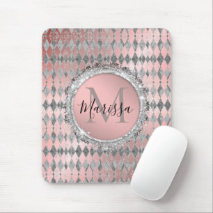 Silvery Pink Glittery Harlequin Monogram Mousepad