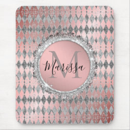 Silvery Pink Glittery Harlequin Monogram Mousepad