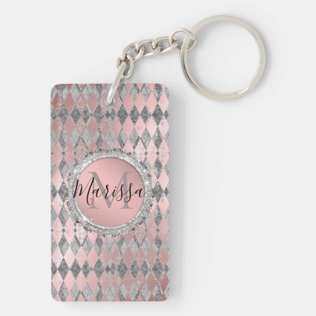 Silvery Pink Glittery Harlequin Monogram Schlüsselanhänger (Rückseite)