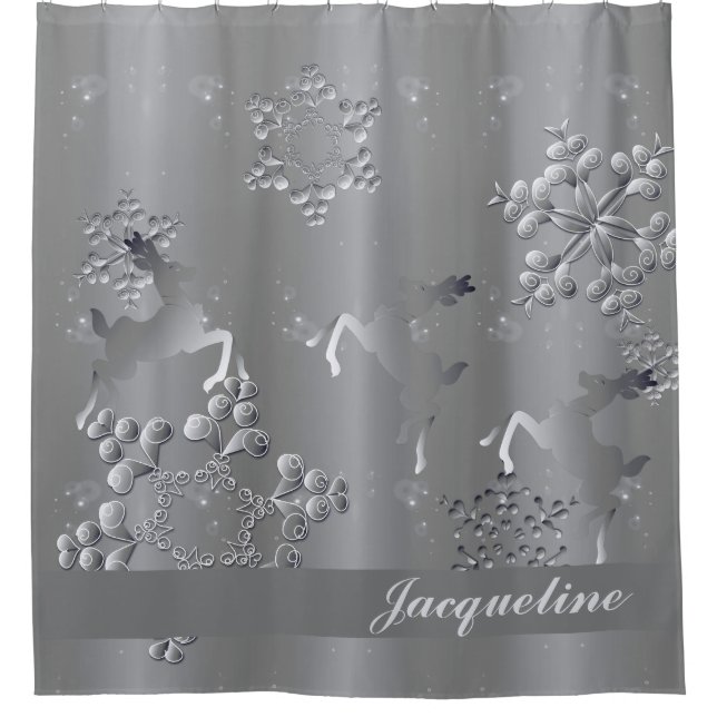 Silvery Reindeer & Snowflakes Duschvorhang (Vorderseite)