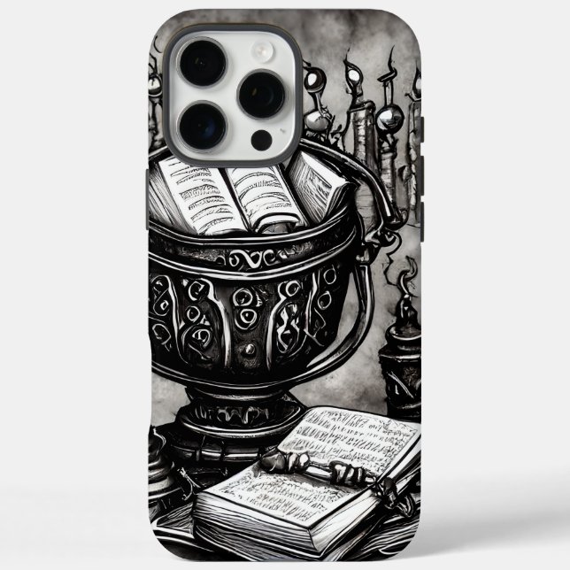 Silvery Steampunk Cauldron Spellbooks und Tränke iPhone 16 Pro Max Hülle (Rückseite)