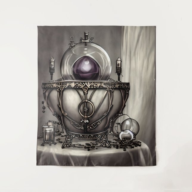 Silvery Verziert Cauldron mit Lila Kristallball Wandteppich (Vorderseite)