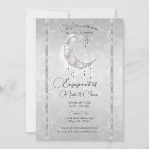 Silvery White Crescent Moon Stars Engagement Party Einladung