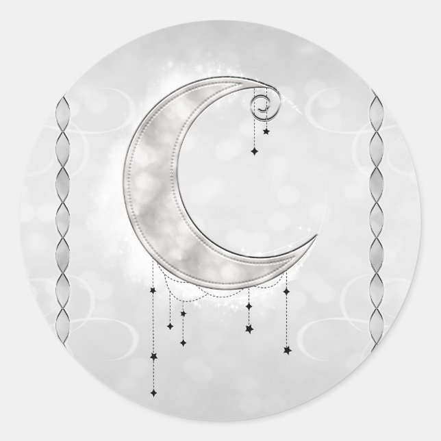 Silvery White Crescent Moon Stars Engagement Party Runder Aufkleber (Vorderseite)