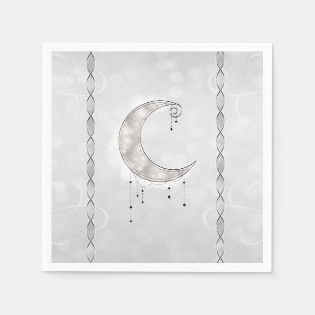 Silvery White Crescent Moon Stars Engagement Party Serviette (Vorderseite)