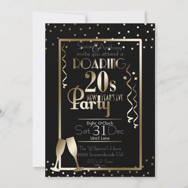 Silvester 2020 Roaring 20er Retro-Thema Gold Einladung (Vorderseite)