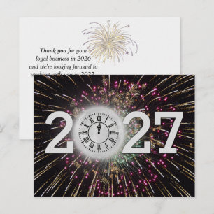 Silvester 2026 Feuerwerk und Mond Uhr Postkarte