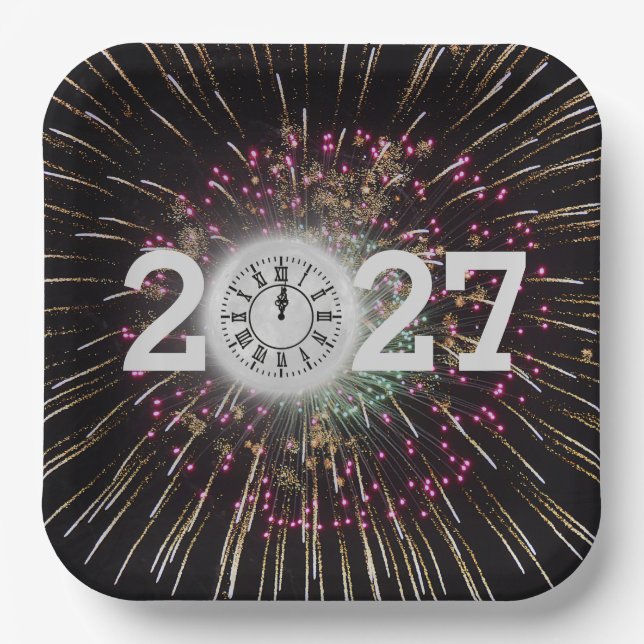 Silvester 2027 Mond und Uhr Pappteller (Vorderseite)
