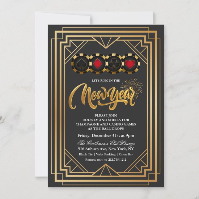 Silvester Casino Vegas Black and Gold Einladung (Vorderseite)
