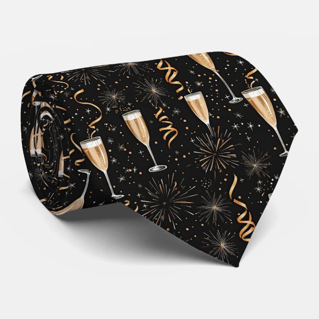 Silvester Champagner Feuerwerk Schwarzes Gold Krawatte (Gerollt)