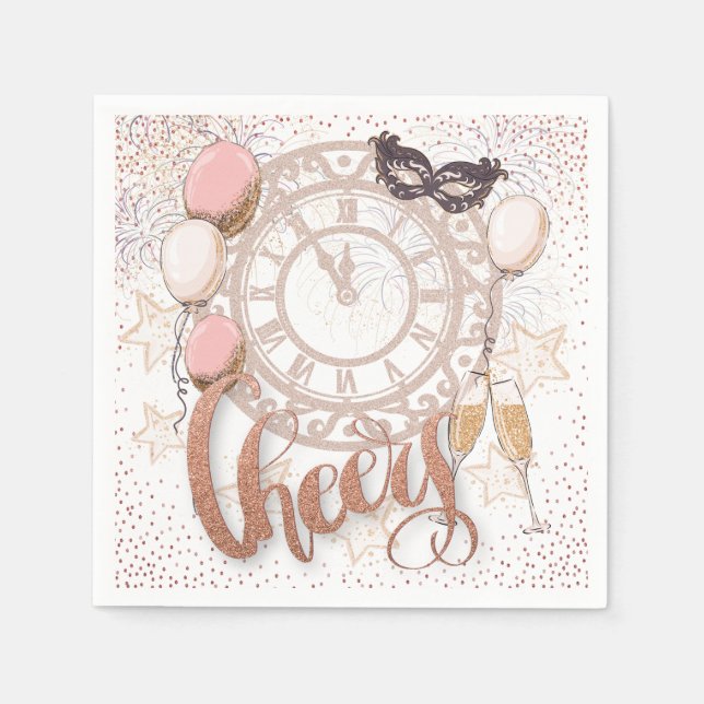 Silvester Clock Cheers Elegantes Skript Serviette (Vorderseite)
