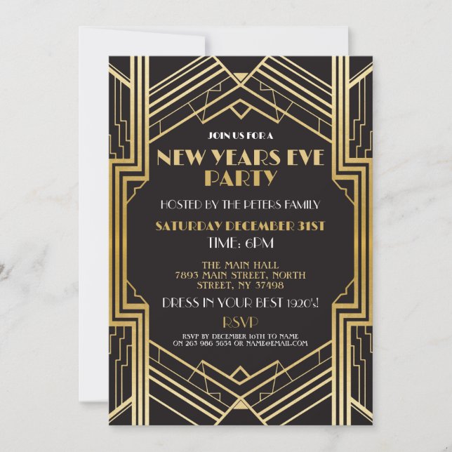 Silvester der 1920er Jahre laden Gatsby Party Gold Einladung (Vorderseite)