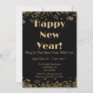 Silvester Eleganter Gold Glitzer und Schwarz Einladung