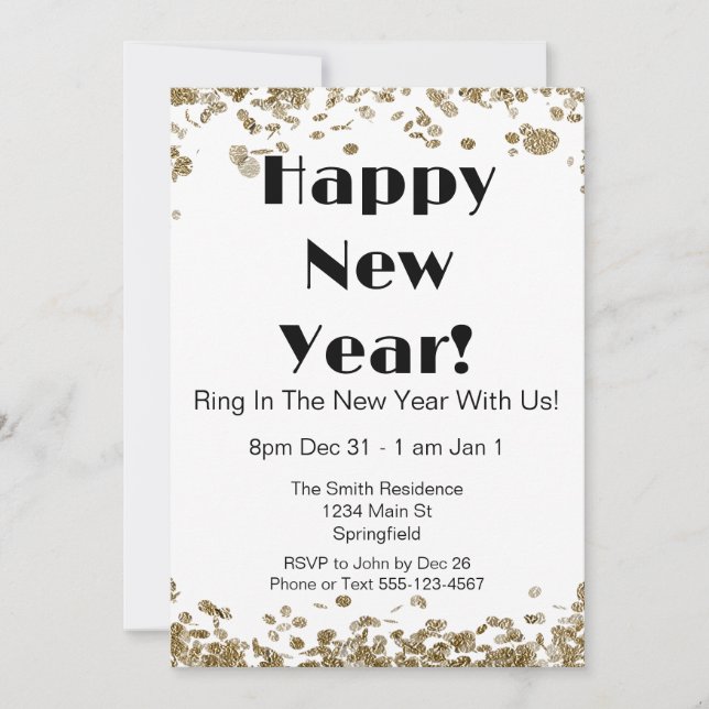 Silvester Eleganter Gold Glitzer und Weiß Einladung (Vorderseite)