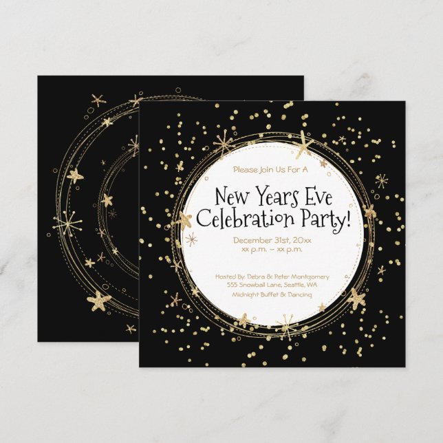 Silvester, Gold, Schwarz, Party Einladung (Vorne/Hinten)