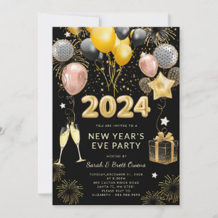 Silvester Party 2023 Gold Glitzer auf Schwarz Einladung