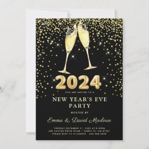 Silvester Party 2024 Gold Glitzer auf Schwarz Einladung