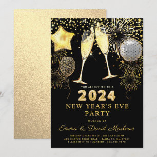 Silvester Party 2024 Gold Glitzer auf Schwarz Einladung