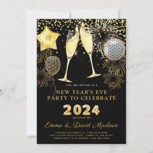 Silvester Party 2024 Gold Glitzer auf Schwarz Einladung