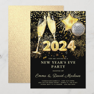 Silvester Party 2024 Gold Glitzer auf Schwarz Einladung