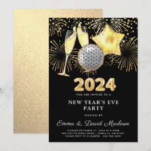 Silvester Party 2024 Gold Glitzer auf Schwarz Einladung