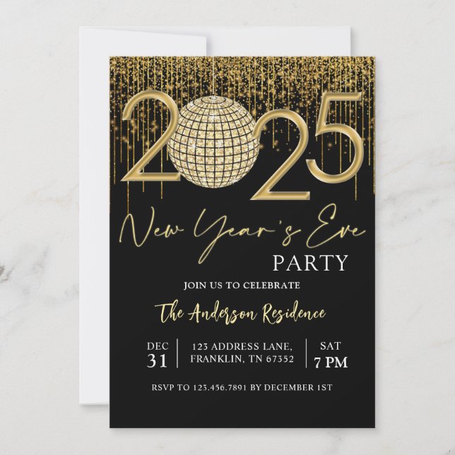 Silvester Party 2025 Gold Glitzer Disco Ball Einladung (Vorderseite)
