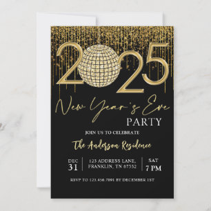 Silvester Party 2025 Gold Glitzer Disco Ball Einladung