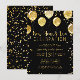Silvester Party Black & Gold Ballon Confetti Einladung