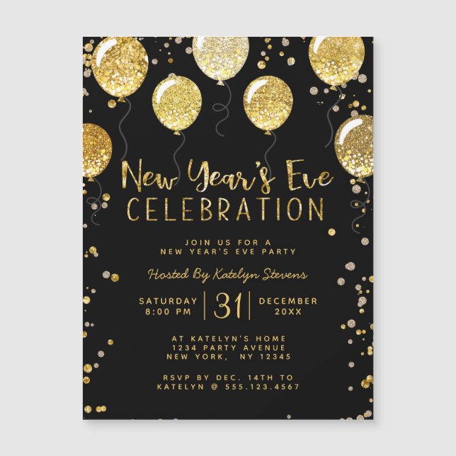 Silvester Party Black & Gold Ballon Confetti Magnetkarte (Vorderseite)