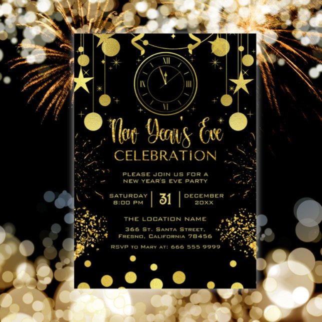 Silvester Party Black & Gold Glitzer Einladung (new years eve party invitation)