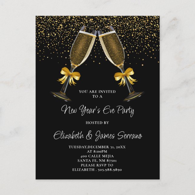 Silvester Party Champagner Brillen Gold Black Einladungspostkarte (Vorderseite)