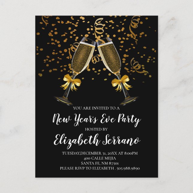 Silvester Party Champagner Brillen Gold Black Einladungspostkarte (Vorderseite)