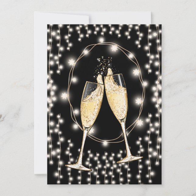 Silvester Party Champagner String Lights Black Einladung (Vorderseite)