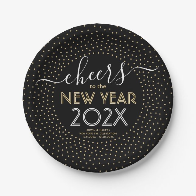 Silvester Party Cheers Black and Gold Confetti Pappteller (Vorderseite)
