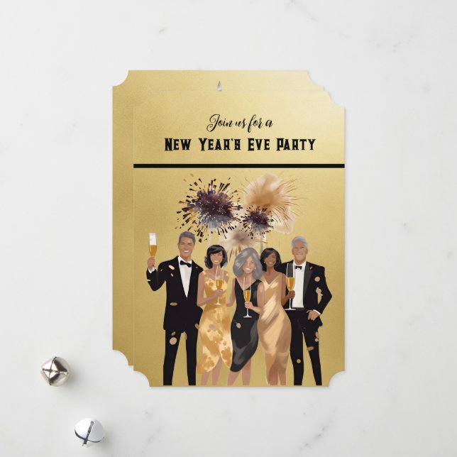 Silvester Party Einladung Schwarz und Gold (Vorderseite/Rückseite Beispiel)