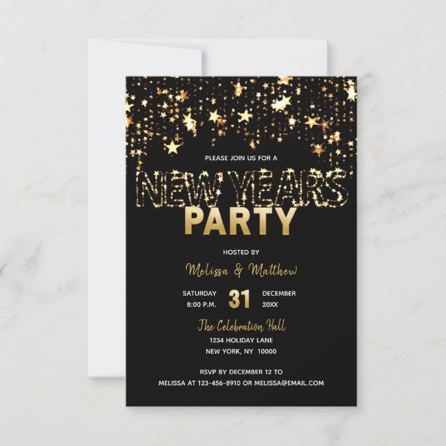 SILVESTER Party Einladungen Gold Stars Lights (Vorderseite)