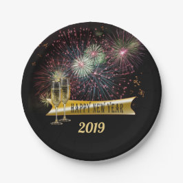 Silvester Party Feuerwerk Champagner Brille Pappteller