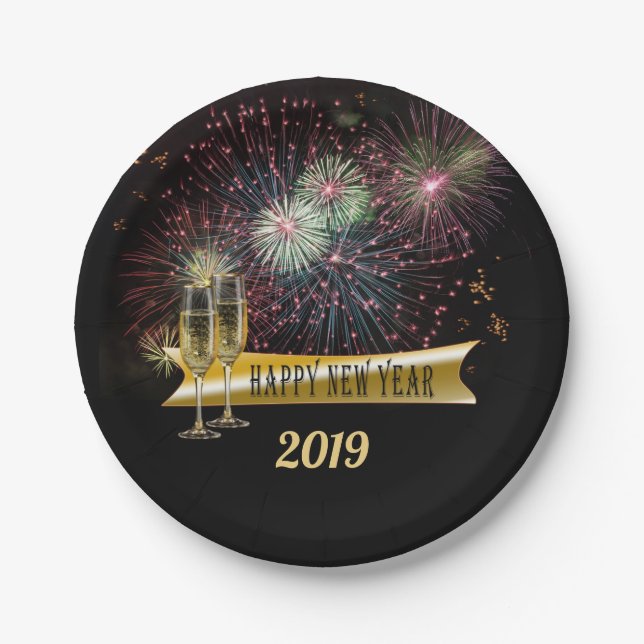 Silvester Party Feuerwerk Champagner Brille Pappteller (Vorderseite)
