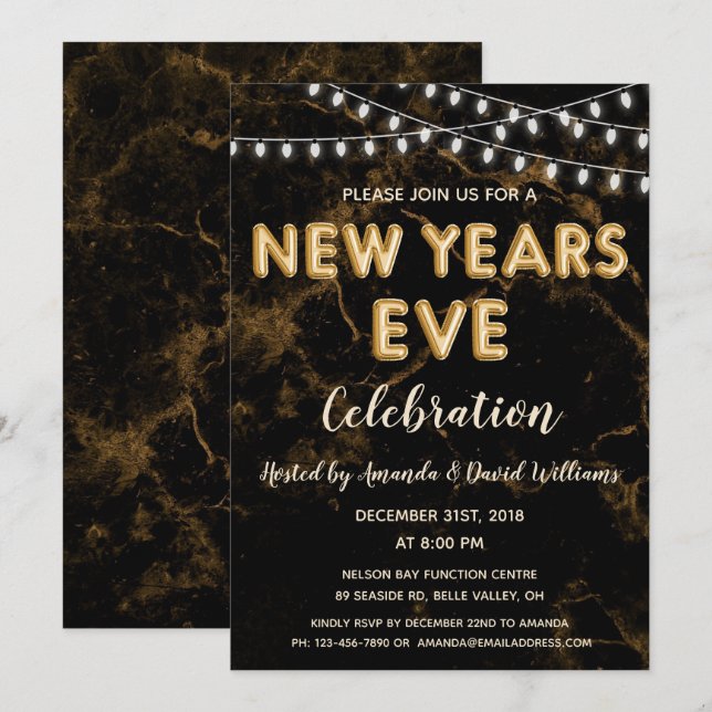 Silvester Party Gold Black Balloon Lights Einladung (Vorne/Hinten)
