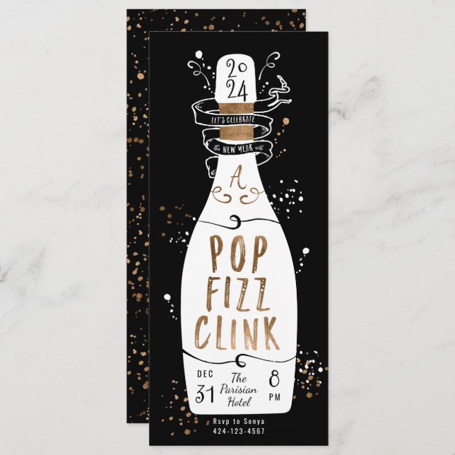 Silvester Party Gold Champagner Pop Fizz Clink Einladung (Vorne/Hinten)