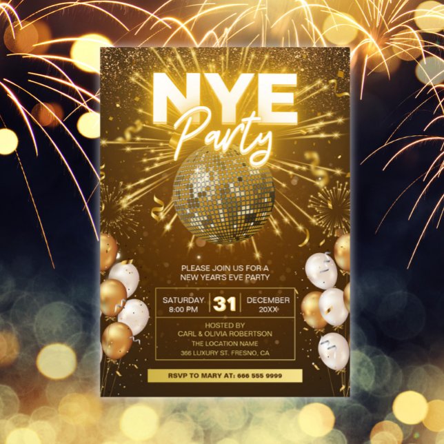 Silvester Party Gold Disco Ball Glitzer Einladung (New Year's Eve Party Celebration Invitation)