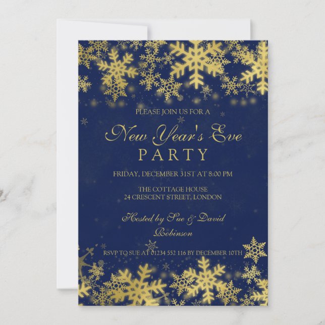 Silvester Party Gold & Navy Blue Snowflakes Einladung (Vorderseite)