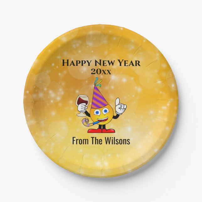 Silvester Party Gold Niedlich Happy Emoji Pappteller (Vorderseite)