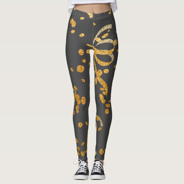 Silvester Party Grau Gold Glitzer Confetti Leggings (Vorderseite)
