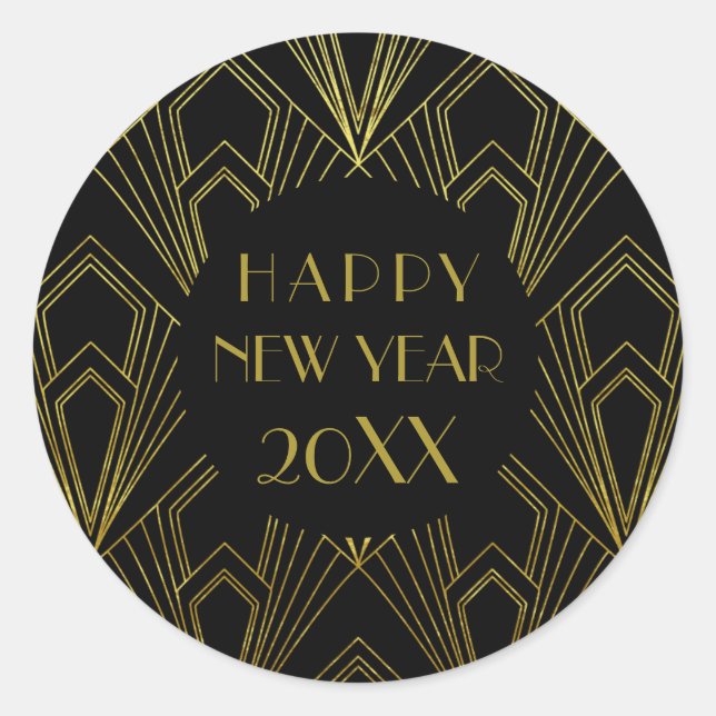 Silvester Party | Happy New Year Black Gold Runder Aufkleber (Vorderseite)