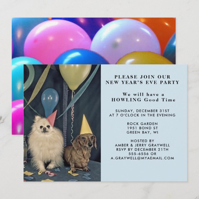 Silvester Party Hunde und Ballons Einladung (Vorne/Hinten)
